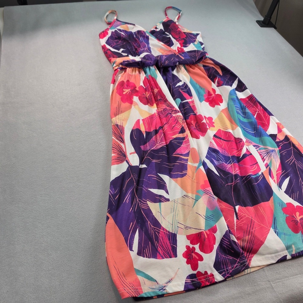 Tropical Hibiscus Floral Faux Wrap Midi Dress XL Multicolor Sun Dress Boho